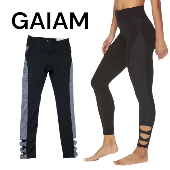 NWT GAIAM 7/8 Yoga Leggings Black and Gray OM Taylor Twist Cut Out Size XS - Picture 1 of 15